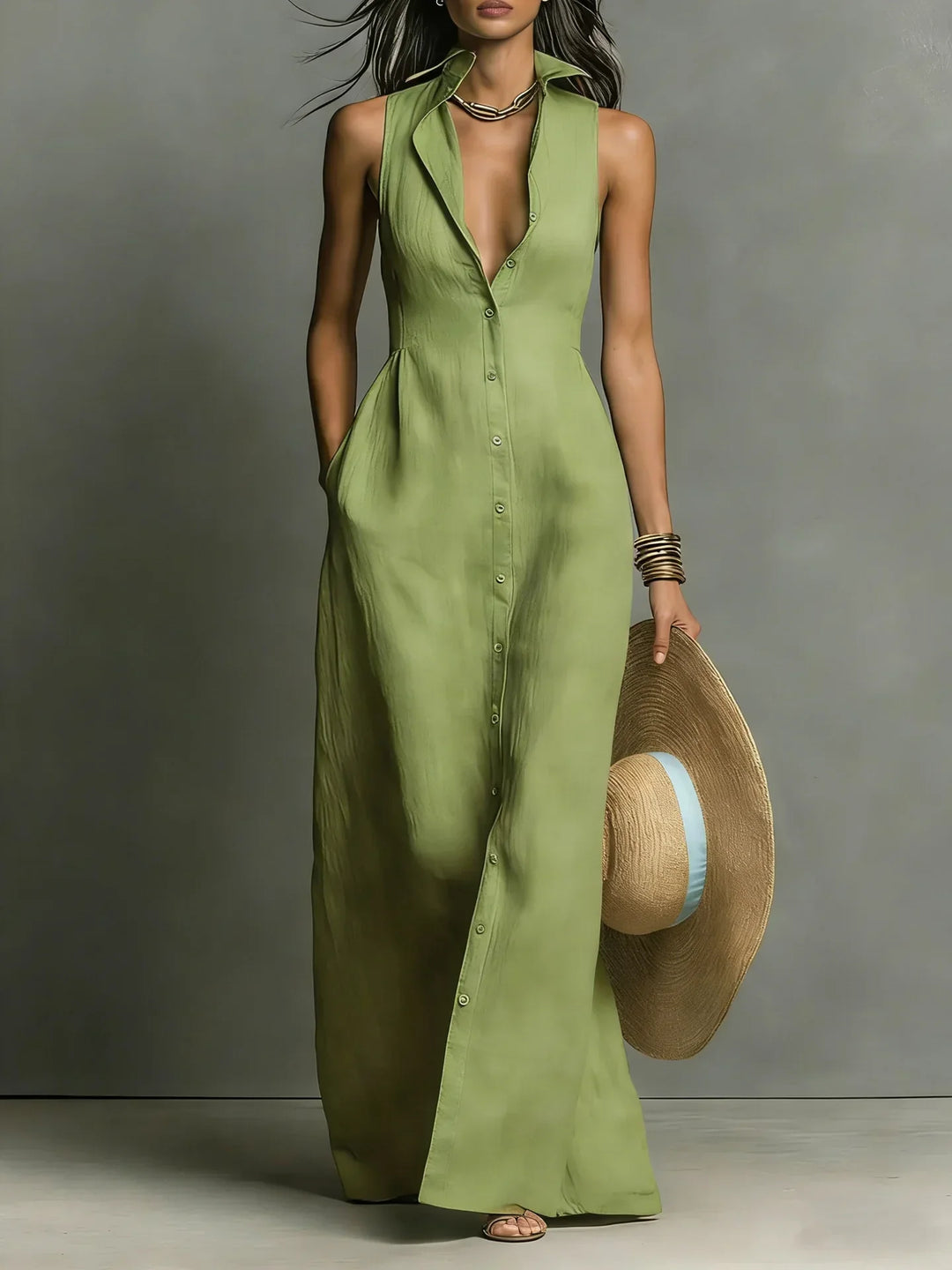 Robe Chemise Sans Manches Boutonnée Femme