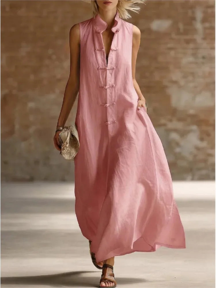 Robe Maxi Femme Sans Manches Col Chemise