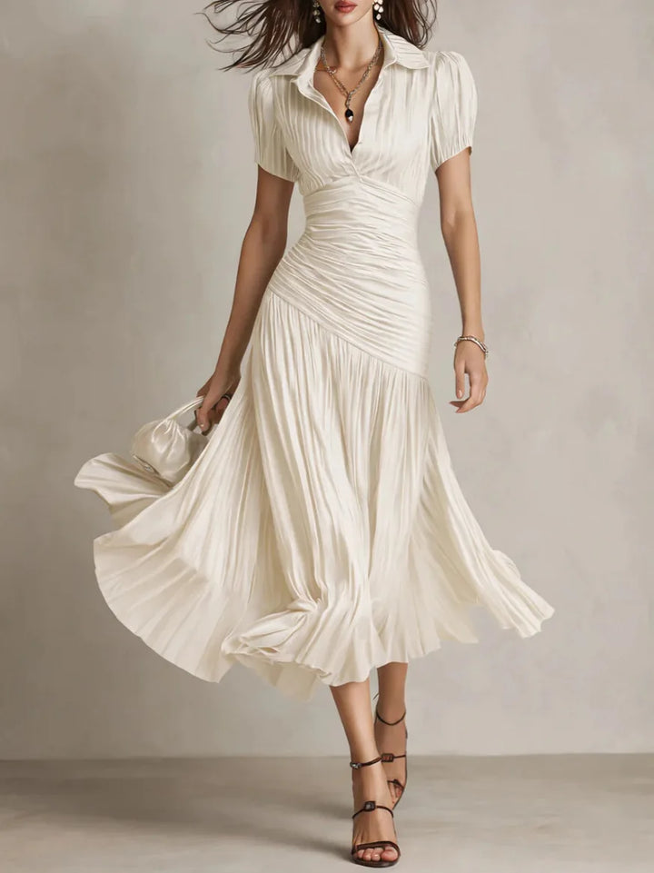 Robe Midi Élégante Pour Femme à Col en V et Plis