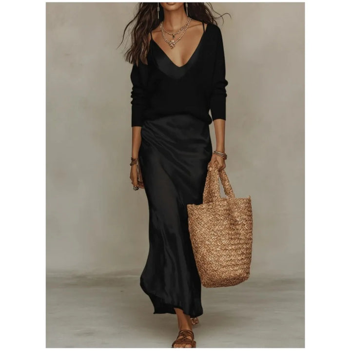 Haut en Maille et Élégante Robe Longue en Satin Pour Femme