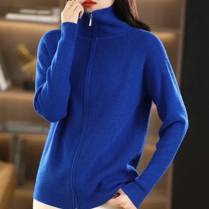 Women's Long-Sleeve Long Zip-Up Cardigan with Stand-Up Collar
