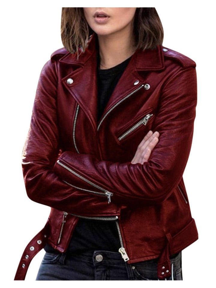 Blouson de Motard Zippé en Similicuir Pour Femme