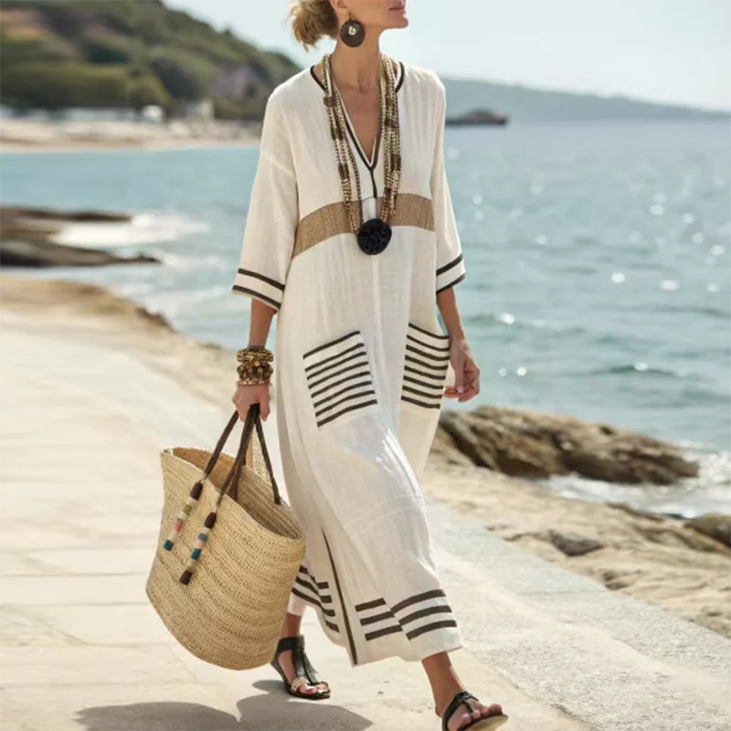 Abito lungo a righe boho con scollo a V da donna