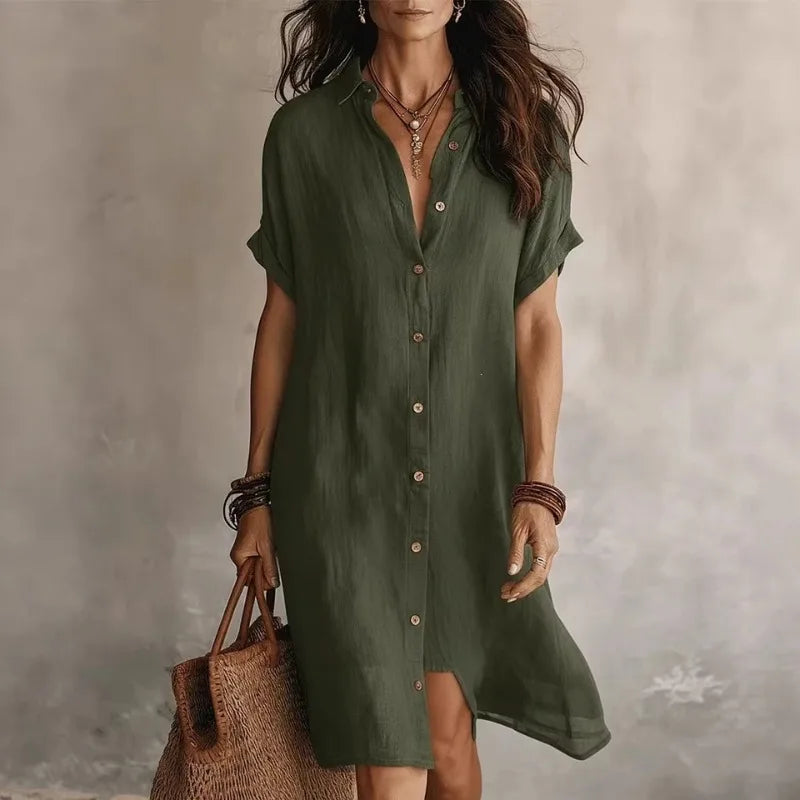 Robe Chemise Femme Bohème Manches Courtes Fluide