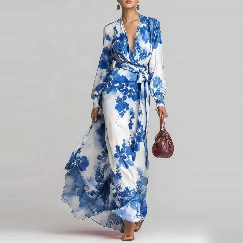 Robe Maxi Bohème Femme Décolleté V Taille Ceinturée