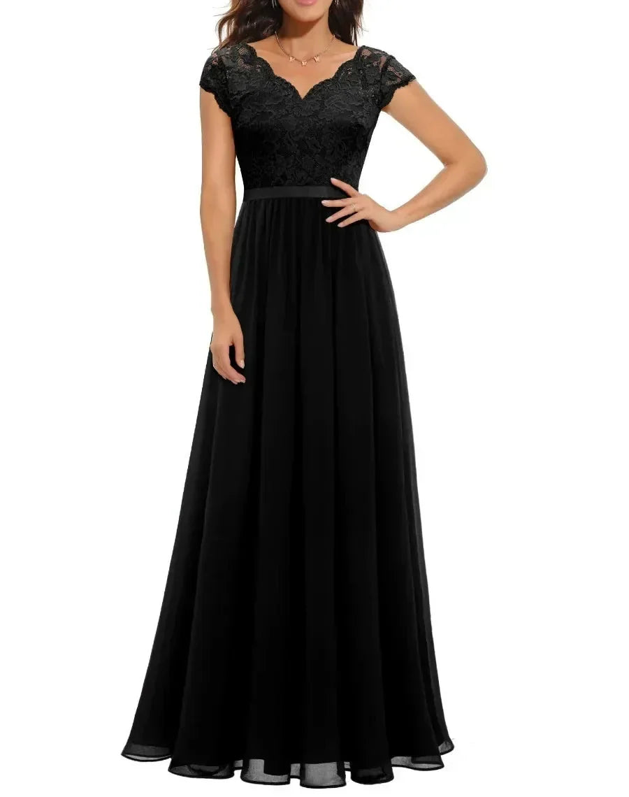 Robe Longue Élégante en Dentelle avec Décolleté en V Pour Femme