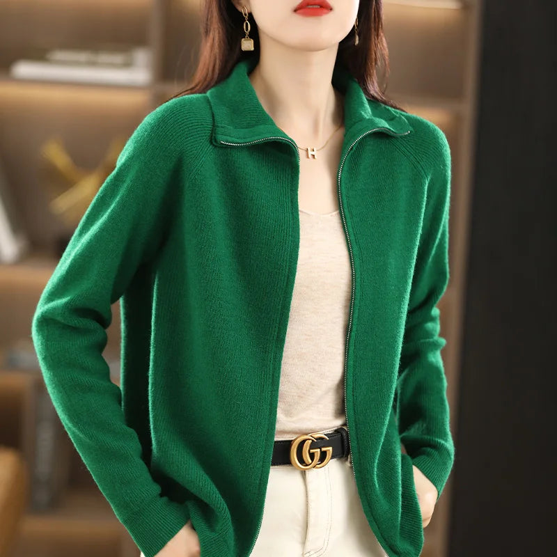 Women's Long-Sleeve Long Zip-Up Cardigan with Stand-Up Collar