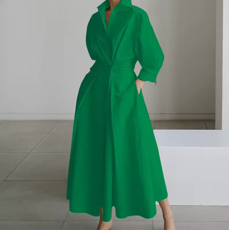 Robe Chemise Longue Femme Taille Cintrée Boutonnée