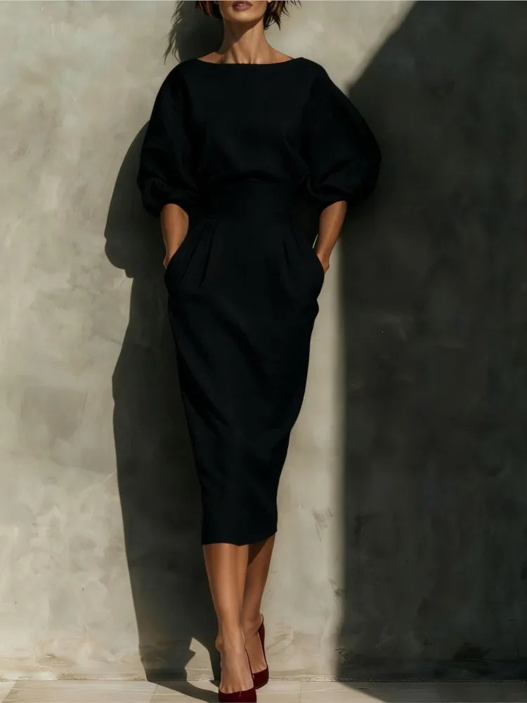 Vestido midi de senhora com cintura cintada e mangas balão