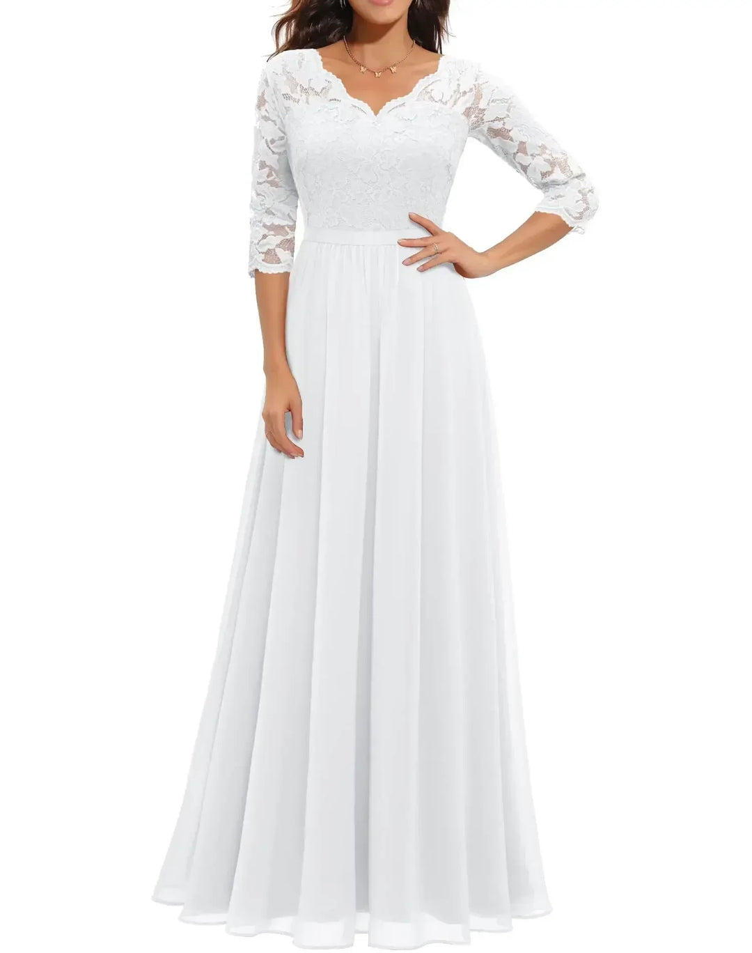 Robe Longue Élégante en Dentelle avec Décolleté en V Pour Femme