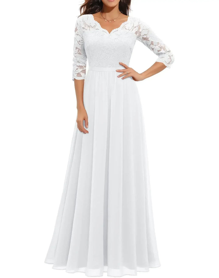 Robe Longue Élégante en Dentelle avec Décolleté en V Pour Femme
