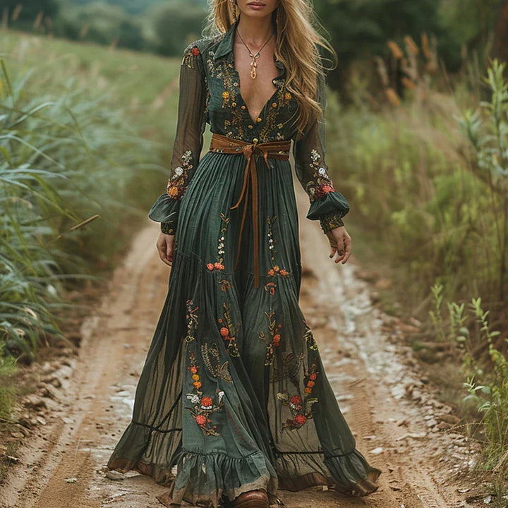 Robe Maxi Bohème Brodée Femme Ceinture Nouable
