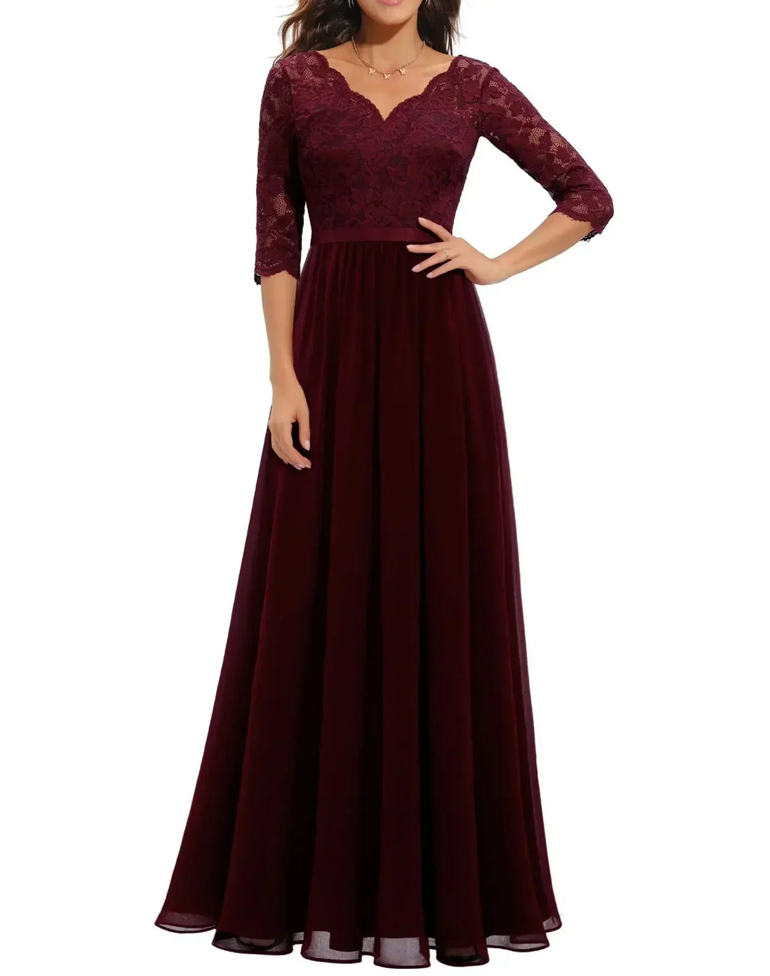 Robe Longue Élégante en Dentelle avec Décolleté en V Pour Femme