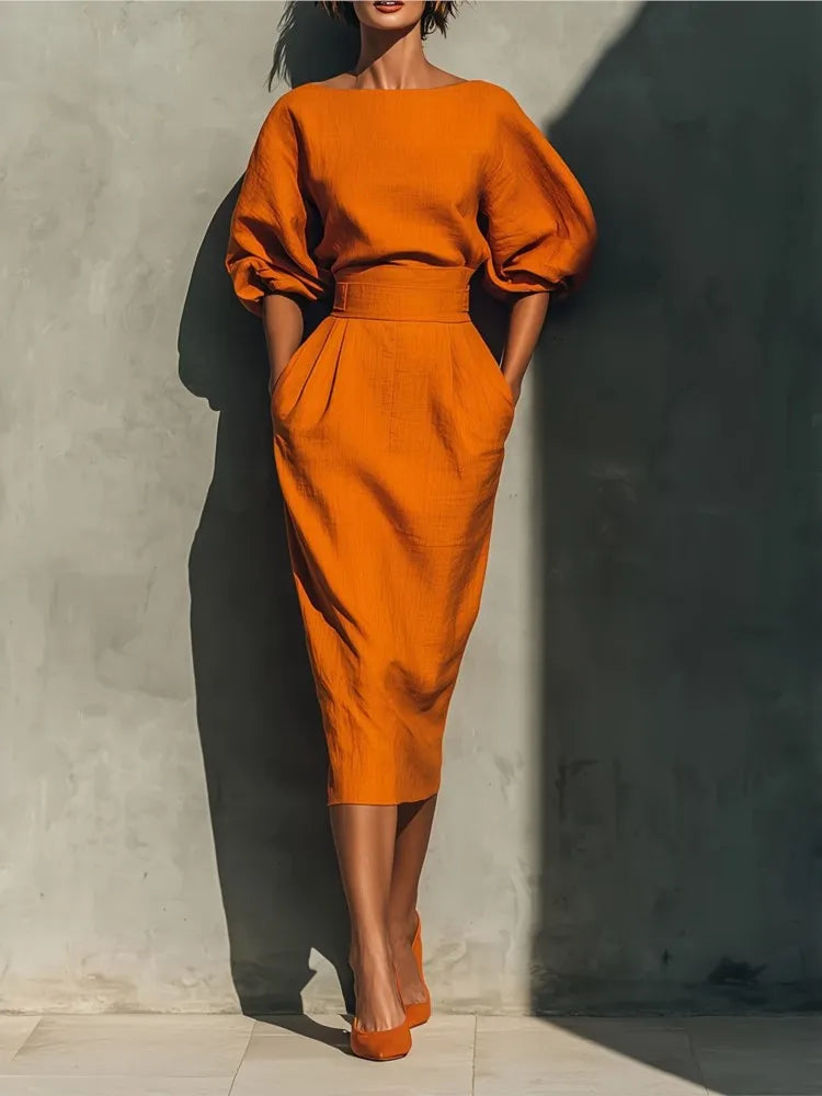 Vestido midi de senhora com cintura cintada e mangas balão