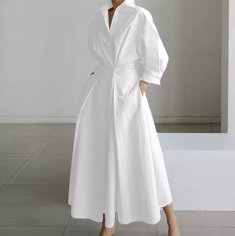 Robe Chemise Longue Femme Taille Cintrée Boutonnée