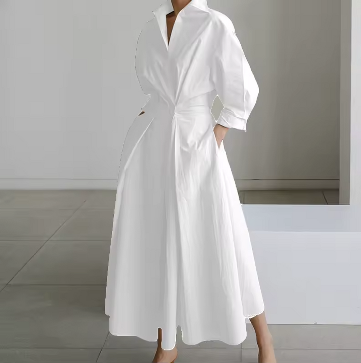 Robe Chemise Longue Femme Taille Cintrée Boutonnée