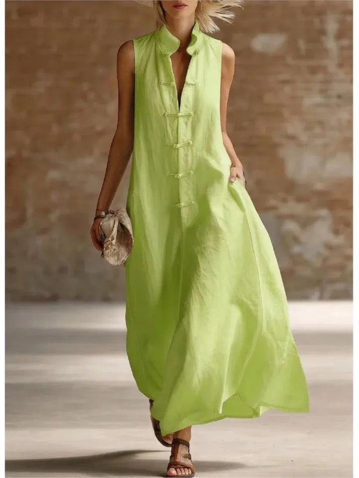 Robe Maxi Femme Sans Manches Col Chemise