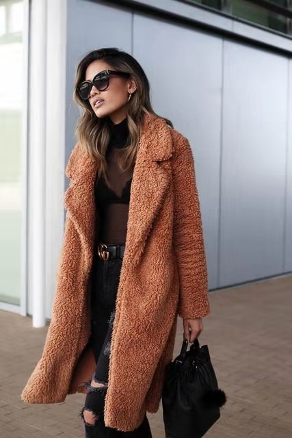 Manteau Long en Polaire Douce Effet Mouton Pour Femme