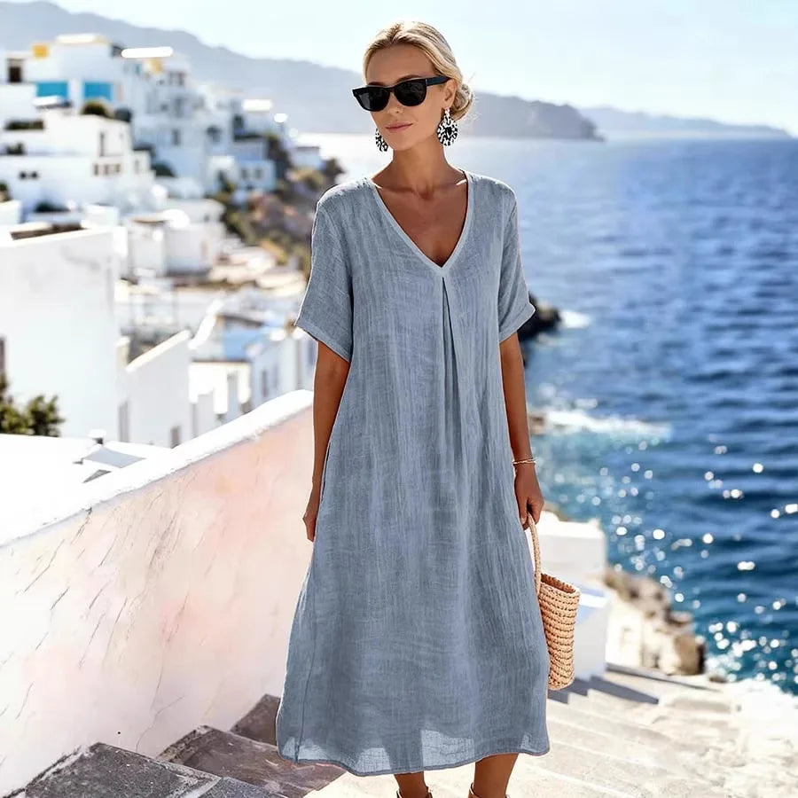 Robe Midi Femme Col V Coupe Fluide Été
