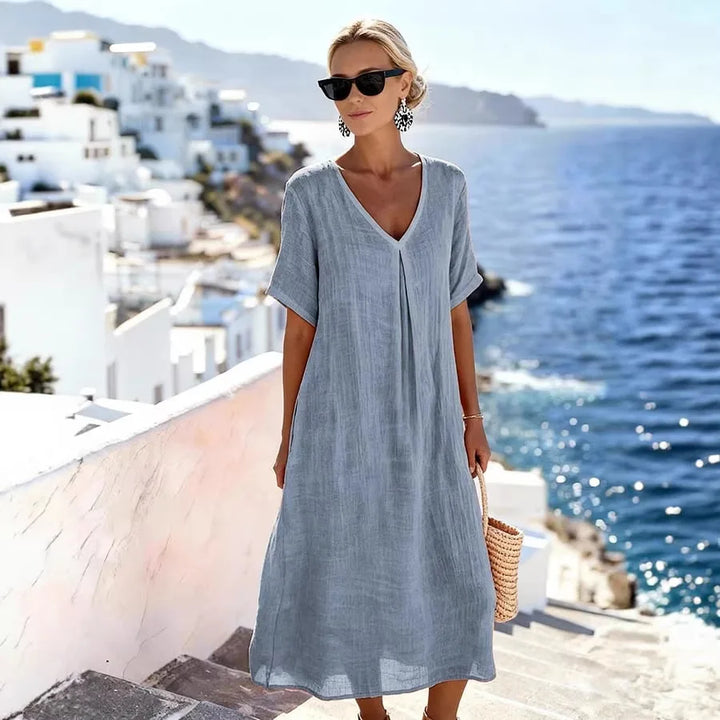 Robe Midi Femme Col V Coupe Fluide Été