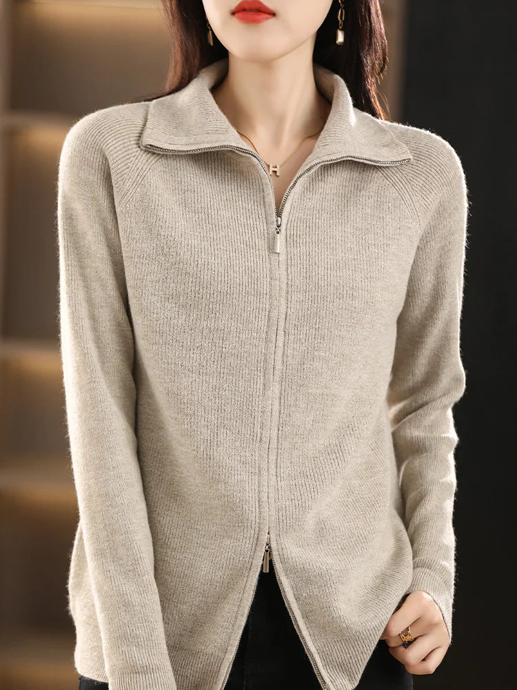 Women's Long-Sleeve Long Zip-Up Cardigan with Stand-Up Collar