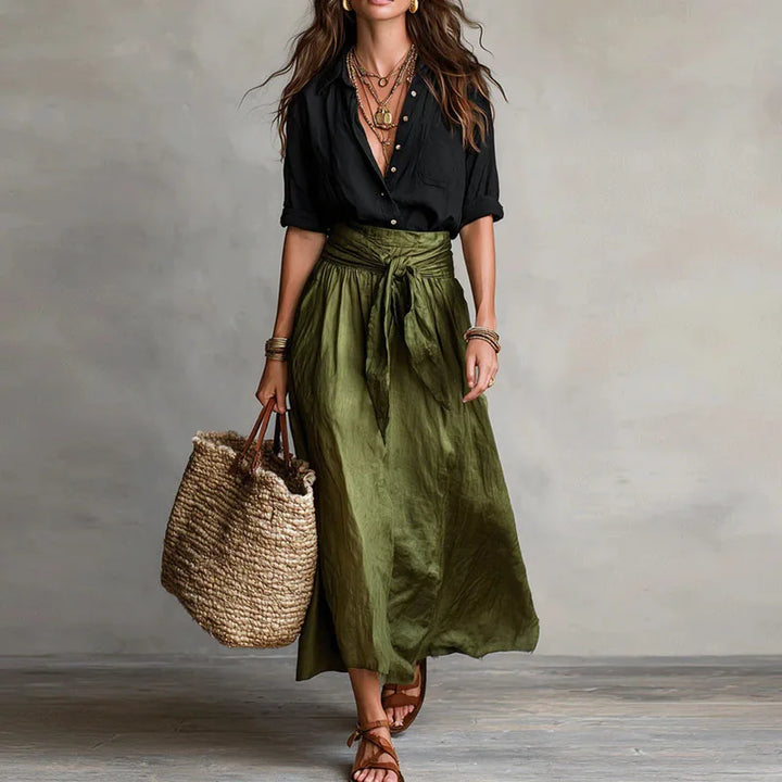 Ensemble Femme Chemisier et Jupe Midi Taille Haute