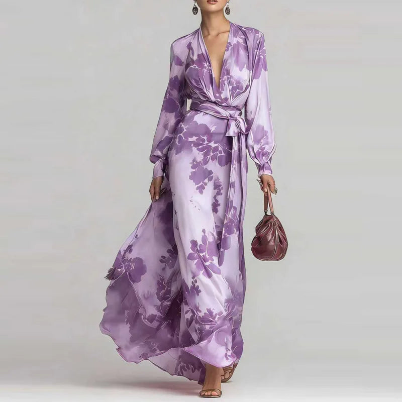 Robe Maxi Bohème Femme Décolleté V Taille Ceinturée