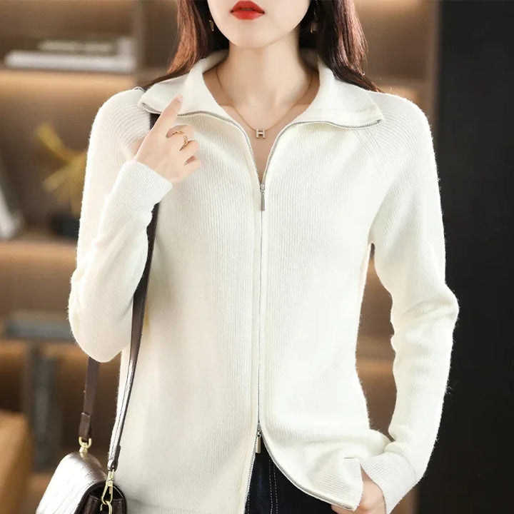 Women's Long-Sleeve Long Zip-Up Cardigan with Stand-Up Collar