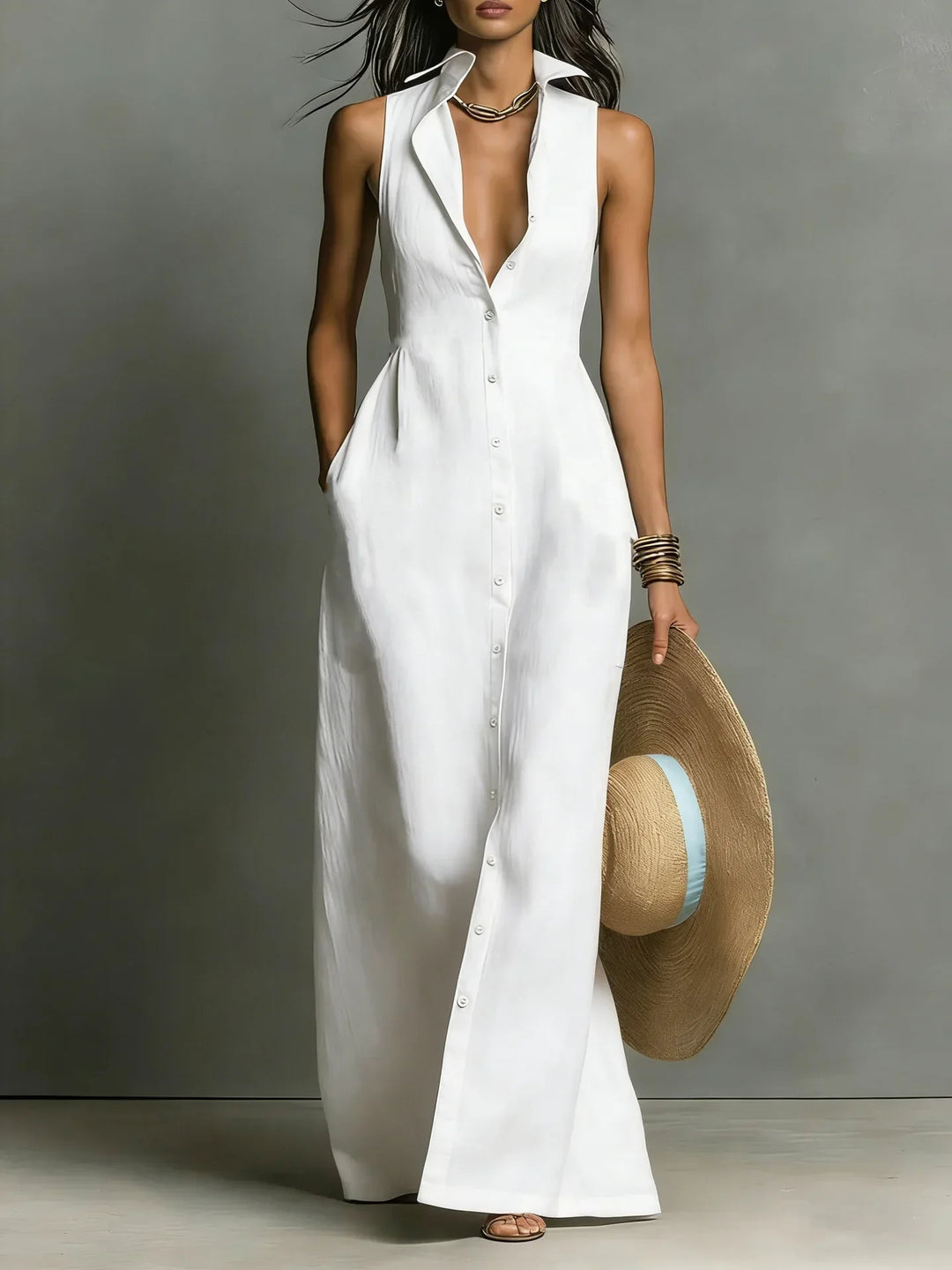 Robe Chemise Sans Manches Boutonnée Femme