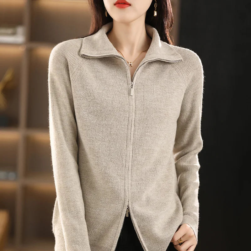 Women's Long-Sleeve Long Zip-Up Cardigan with Stand-Up Collar