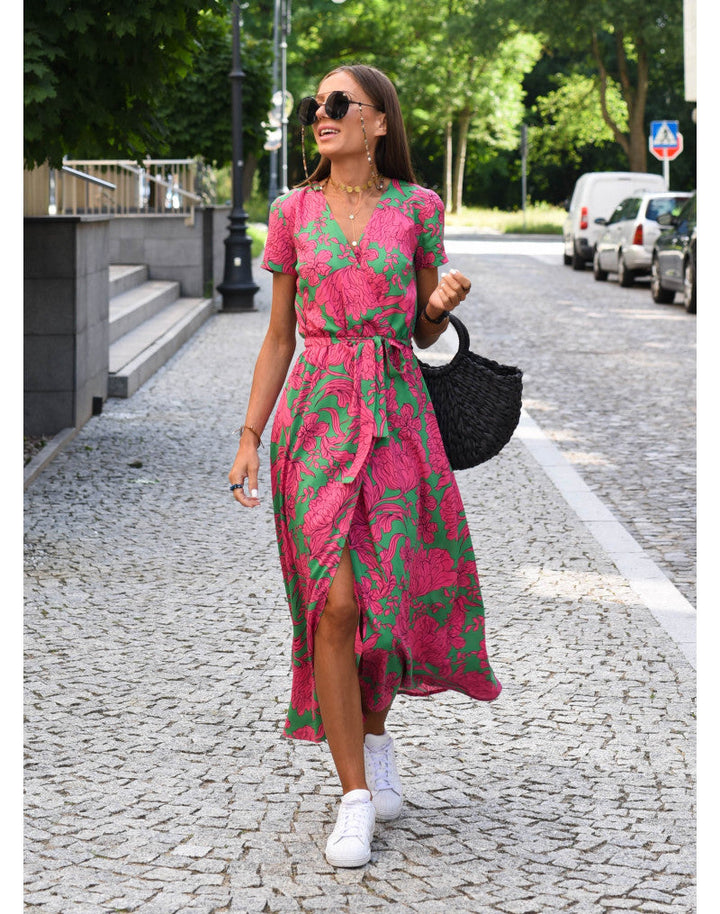 Robe Portefeuille Fleurie Femme Manches Courtes