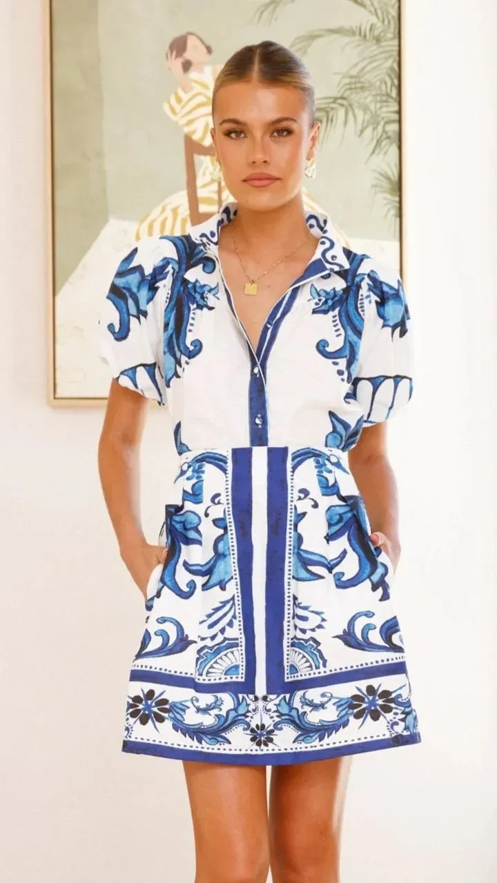 Robe Mini Fleurs Manches Bouffantes Femme Été