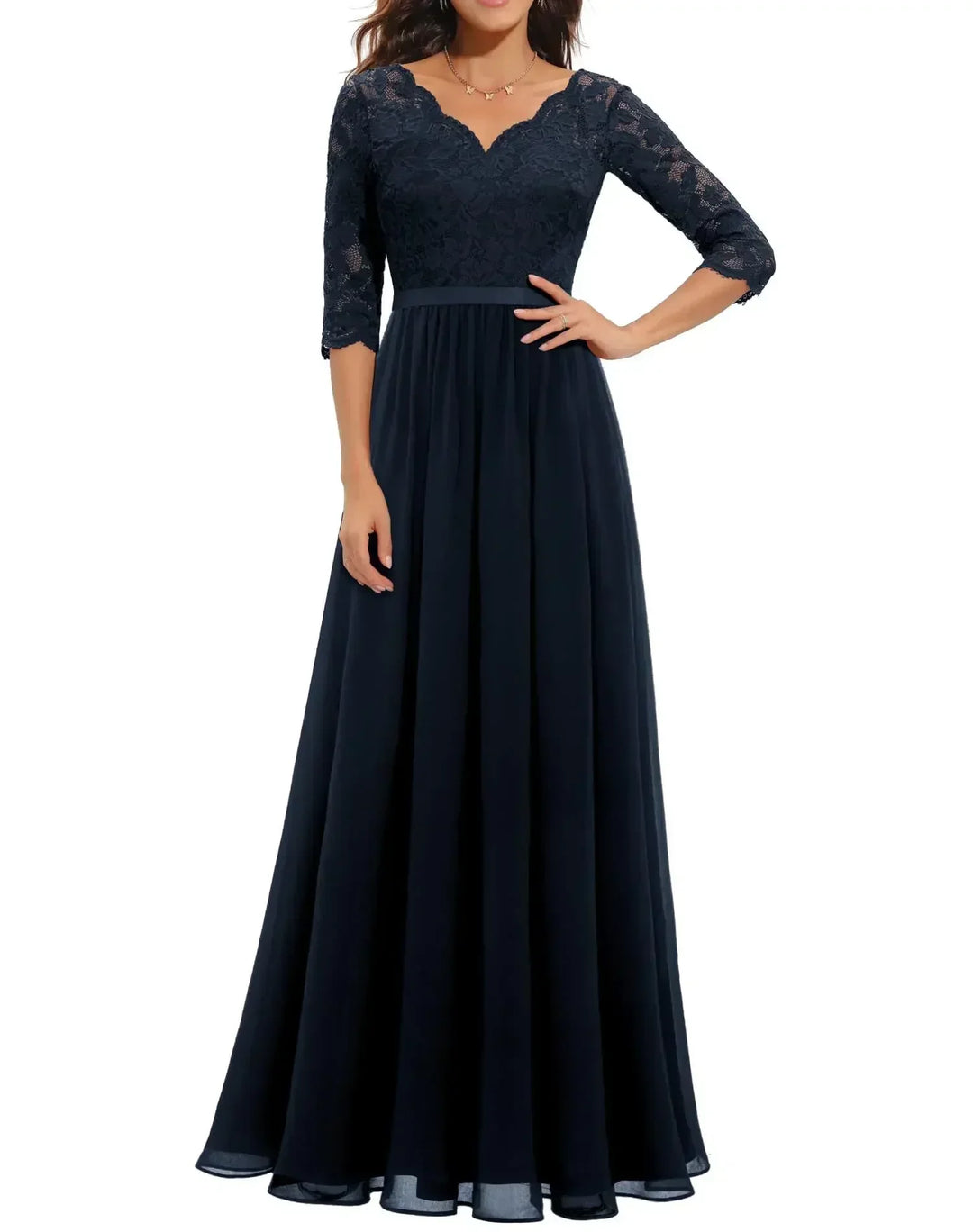 Robe Longue Élégante en Dentelle avec Décolleté en V Pour Femme