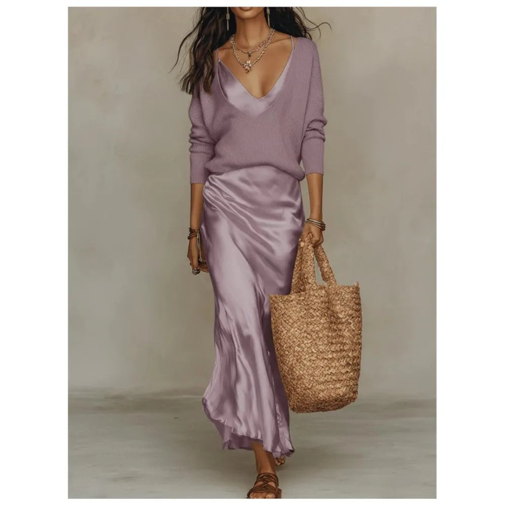 Haut en Maille et Élégante Robe Longue en Satin Pour Femme