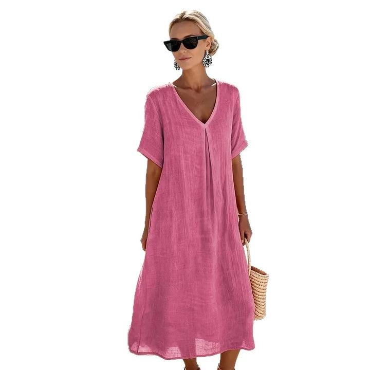 Robe Midi Femme Col V Manches Courtes Fluide