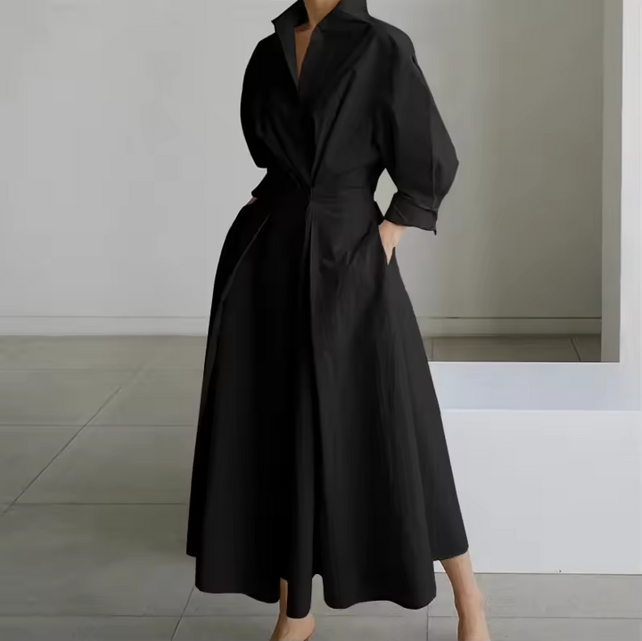 Robe Chemise Longue Femme Taille Cintrée Boutonnée