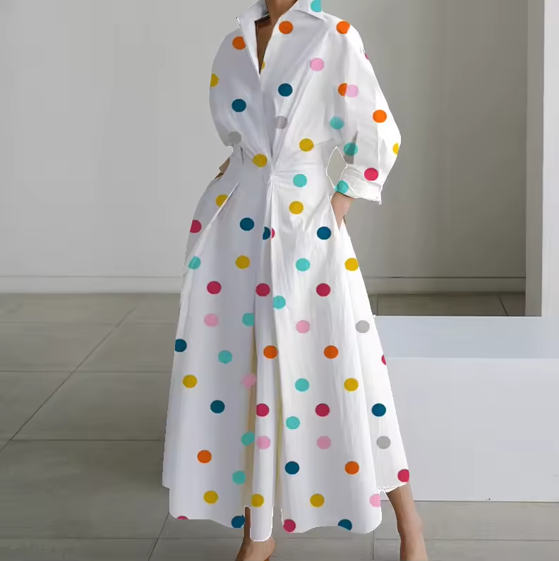 Robe Chemise Longue Femme Taille Cintrée Boutonnée