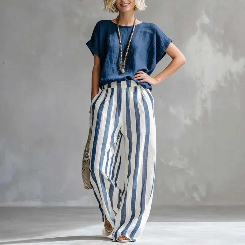 Ensemble Femme Rayé Haut Manches Courtes Pantalon Large