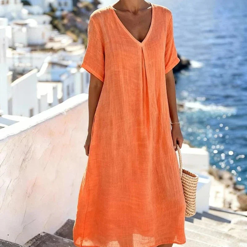 Robe Midi Femme Col V Manches Courtes Fluide