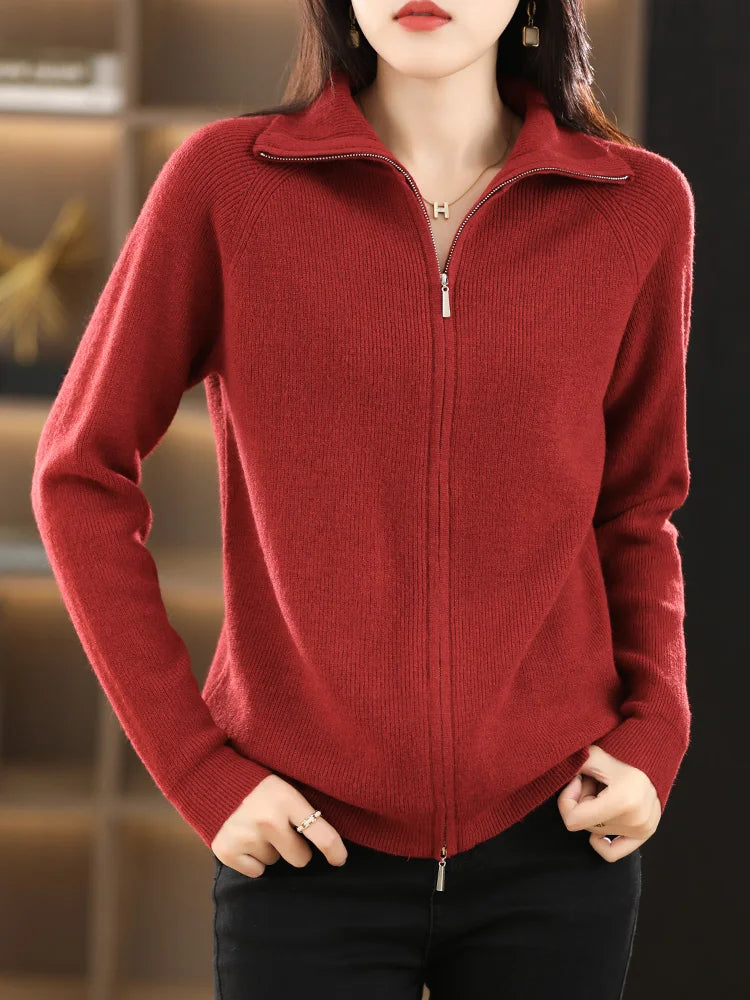 Women's Long-Sleeve Long Zip-Up Cardigan with Stand-Up Collar