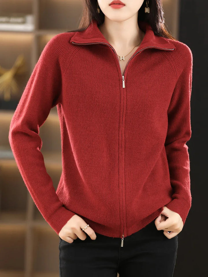 Women's Long-Sleeve Long Zip-Up Cardigan with Stand-Up Collar