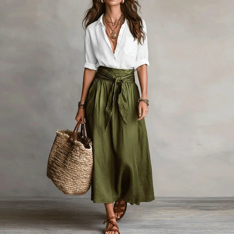 Ensemble Femme Chemisier et Jupe Midi Taille Haute