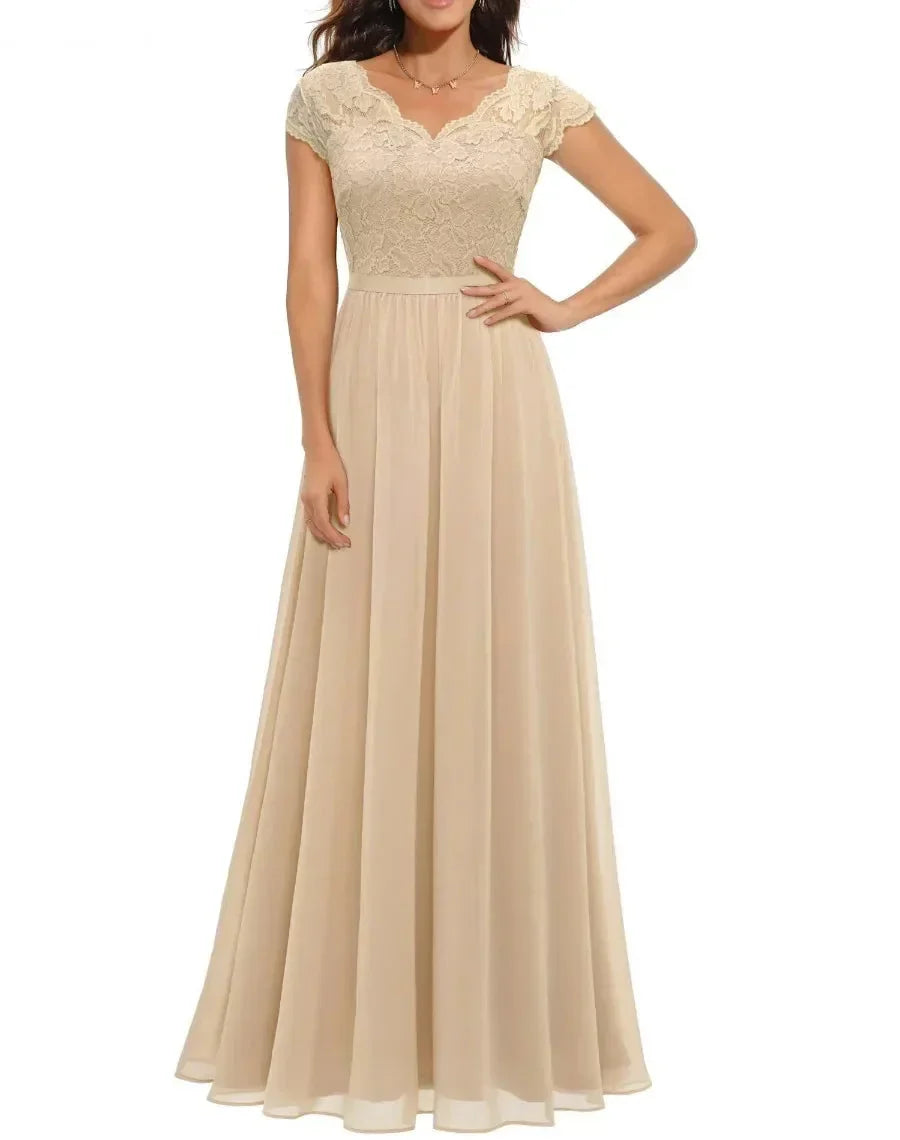 Robe Longue Élégante en Dentelle avec Décolleté en V Pour Femme