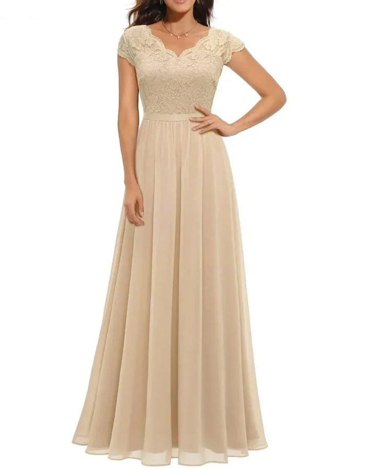 Robe Longue Élégante en Dentelle avec Décolleté en V Pour Femme