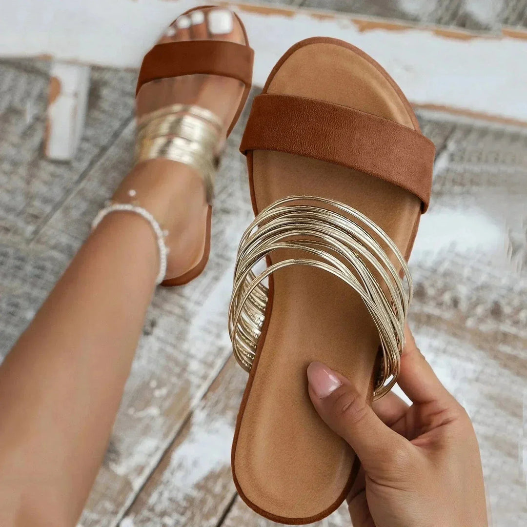 Sandales Plates Brides Métallisées Femme Été