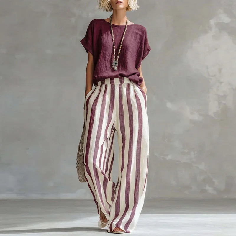 Ensemble Femme Rayé Haut Manches Courtes Pantalon Large