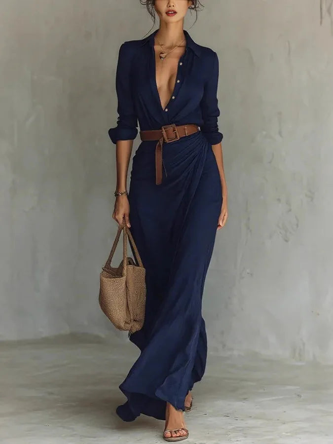 Robe Longue Femme Col V Plissée