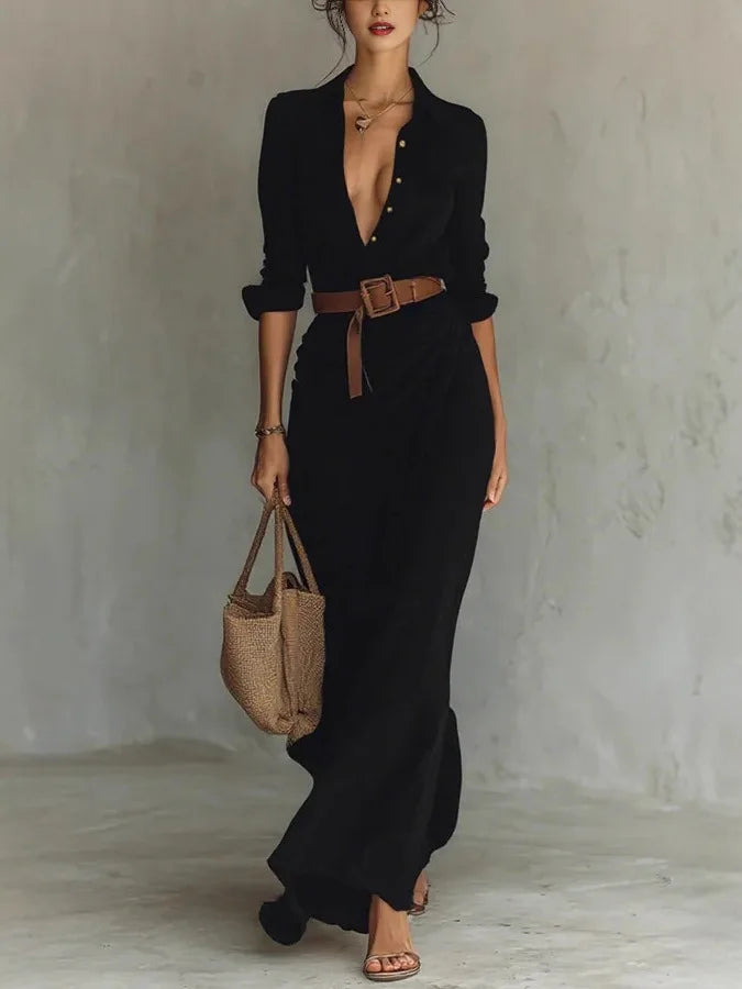 Robe Longue Femme Col V Plissée