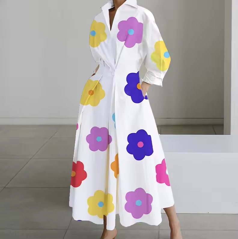 Robe Chemise Longue Femme Taille Cintrée Boutonnée