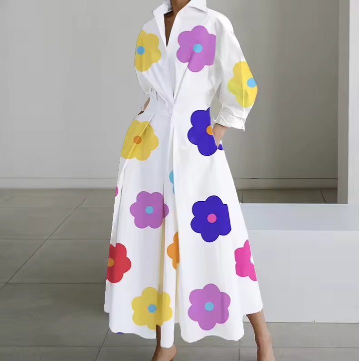 Robe Chemise Longue Femme Taille Cintrée Boutonnée